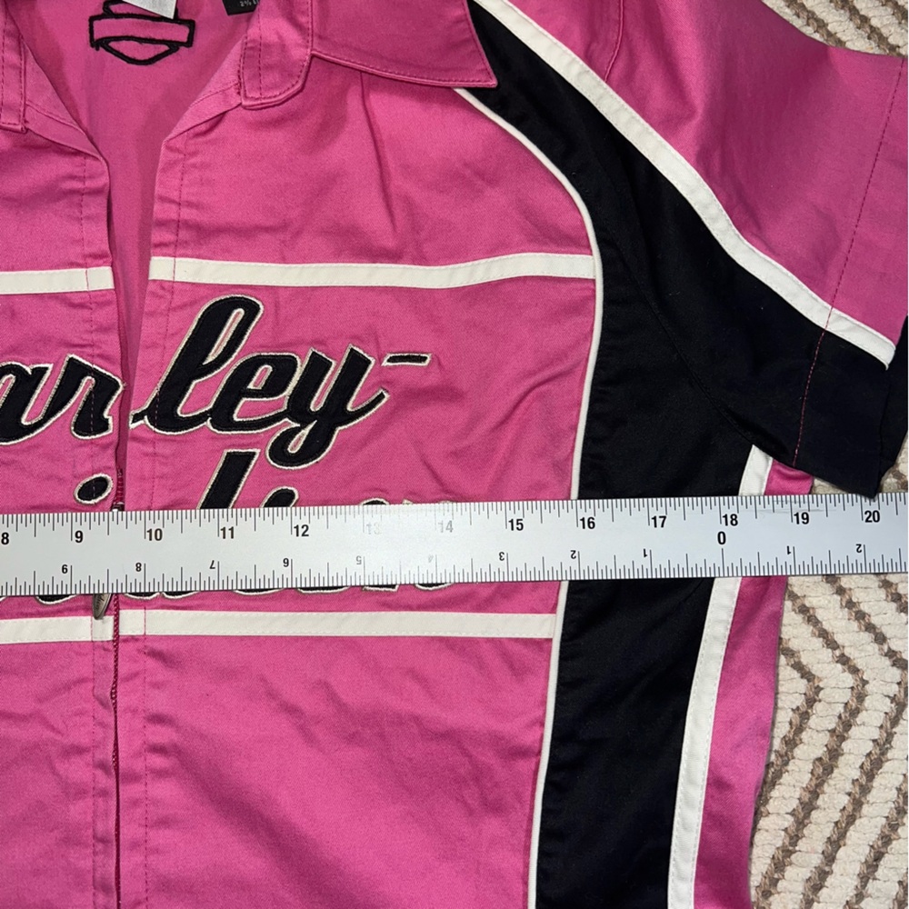 Harley-Davidson Women’s Pink Black Zip Front Mechanic Garage Shirt Size Medium - Picture 5 of 11